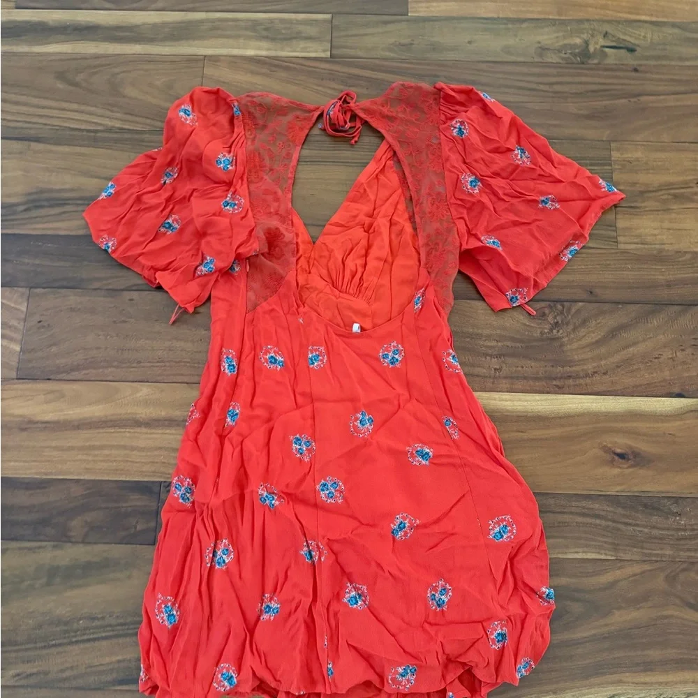 Free People Mockingbird Floral Cut Out Mini Dress Coral Red 2